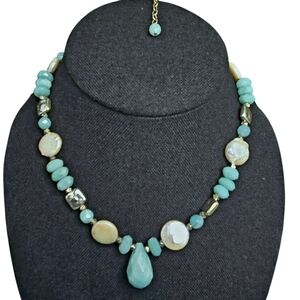 Aqua Stone Coin Pearl Sterling Silver Choker Necklace